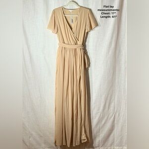 Baltic Born Nude Wrap‎ Maxi Dress L • Pleated Chiffon Flutter Sleeve Formal Gown